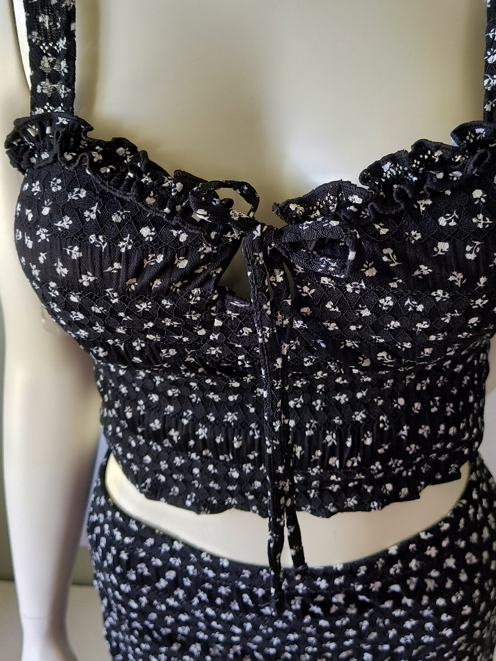 No Boundaries Black Floral Smocked Ruffle Tie Top